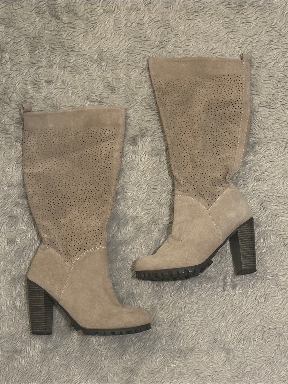 Women's Taupe Suede Perforated High-Heel Boots